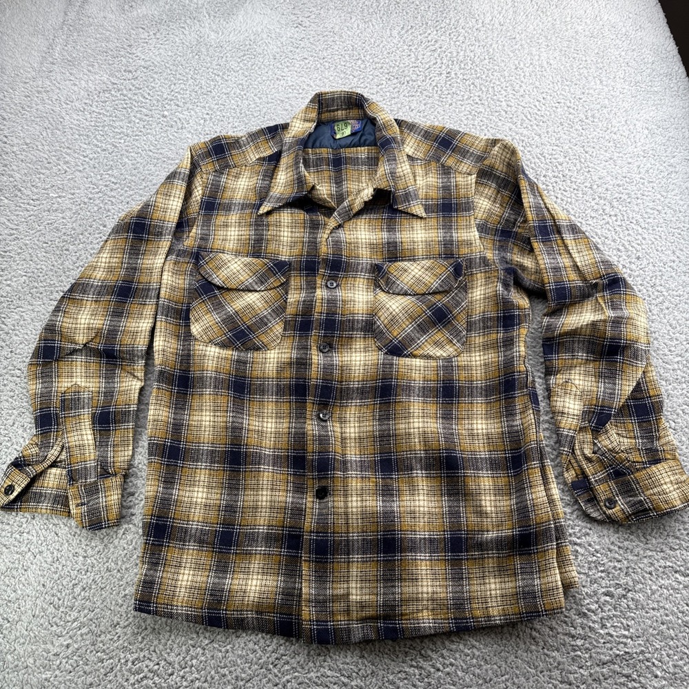 Pendleton Flannel Shirt Mens Large Brown Blue Plaid Vintage Wool Board Shirt
